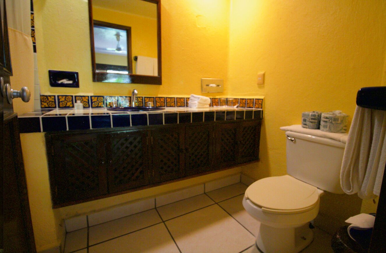A bathroom with a toilet, sink, and mirror.
