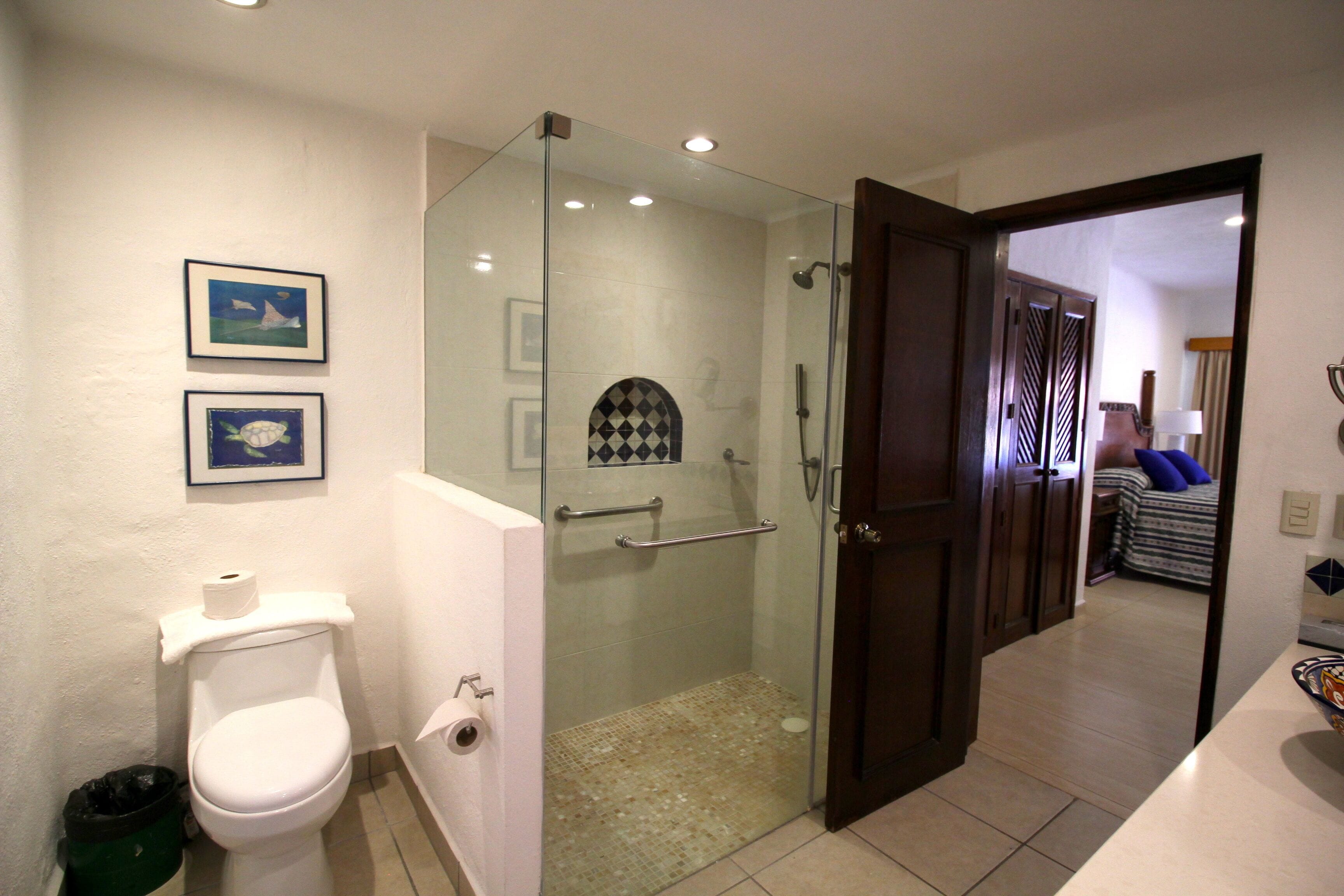 Une salle de bain avec une douche à parois de verre, des toilettes et deux tableaux encadrés au mur.