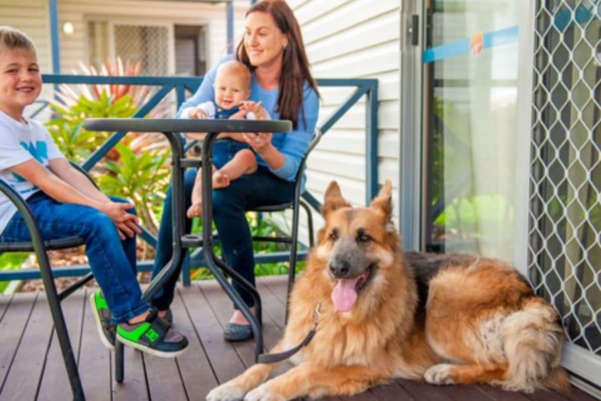 Une famille sur une terrasse en bois, accompagnée d’un grand chien.