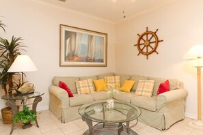Luxury Condo, 2 Bedrooms, 2 Bathrooms | Living room | 51-inch flat-screen TV with cable channels, TV, video-game console - Los Cabos III Condominiums by Cheap Getaway (South Padre Island)