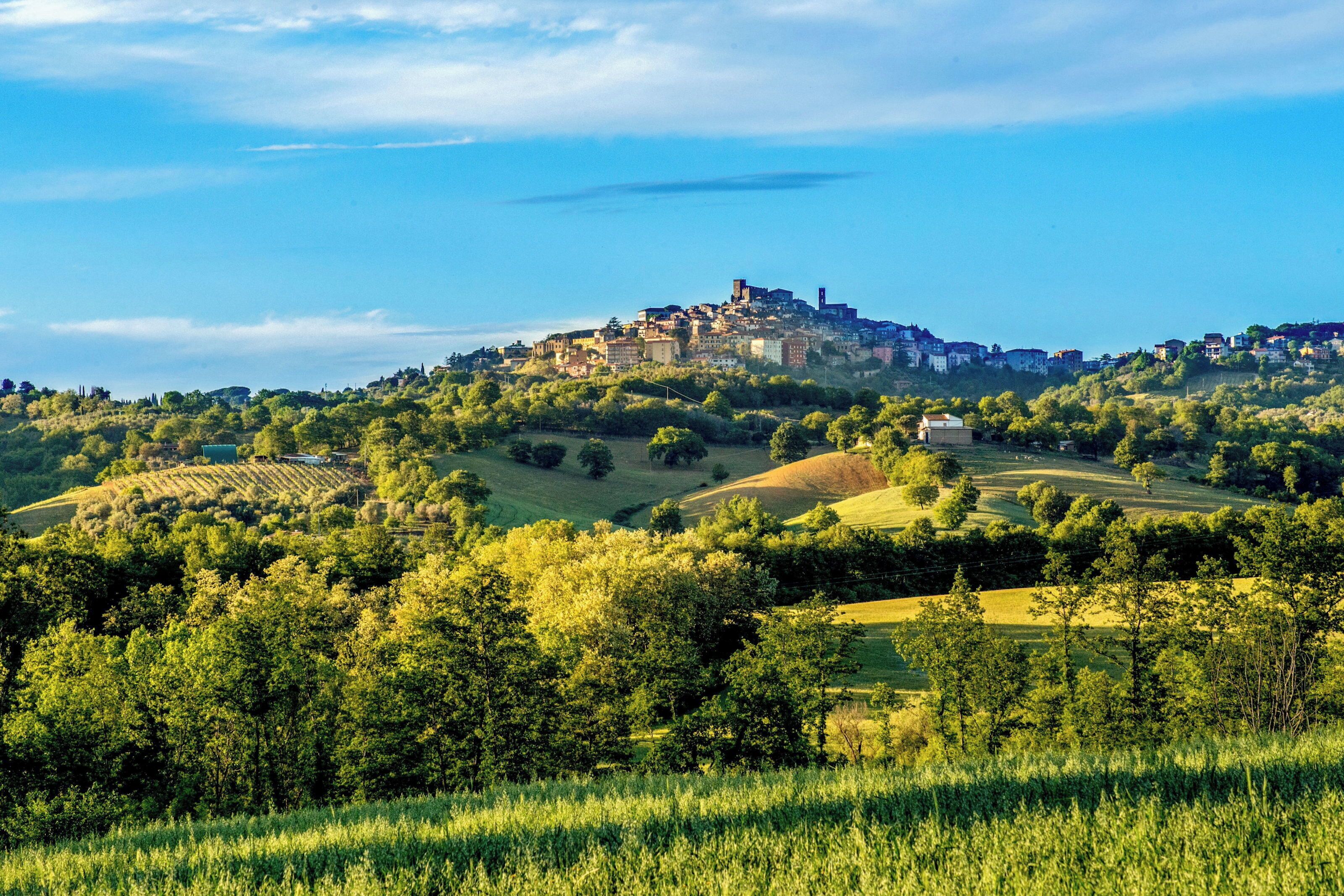 Un pueblo histórico con un castillo imponente en una colina, rodeado de campos verdes y bosques frondosos.