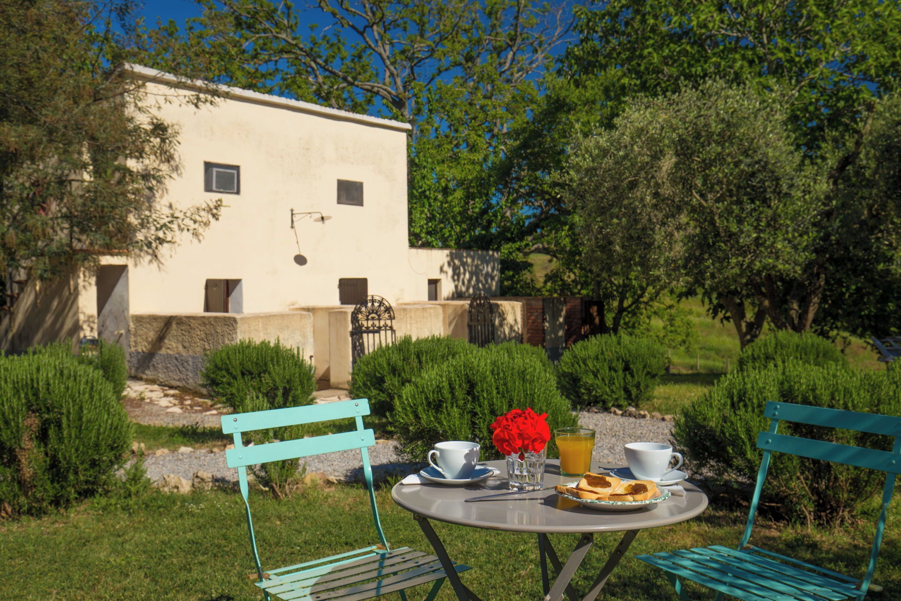 A table with a white cup, a glass of orange juice, and a plate of food, set against a backdrop of a building and greenery.
