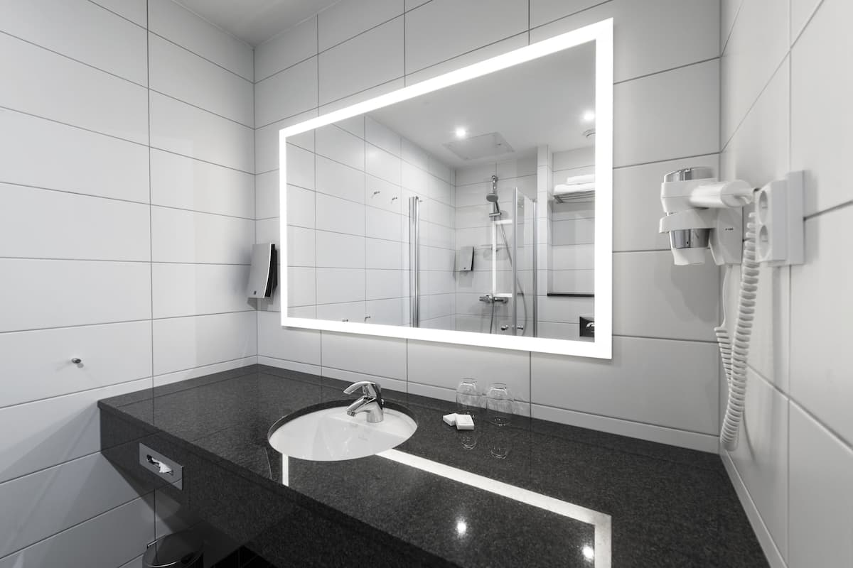 shower, free toiletries, hair dryer, towels