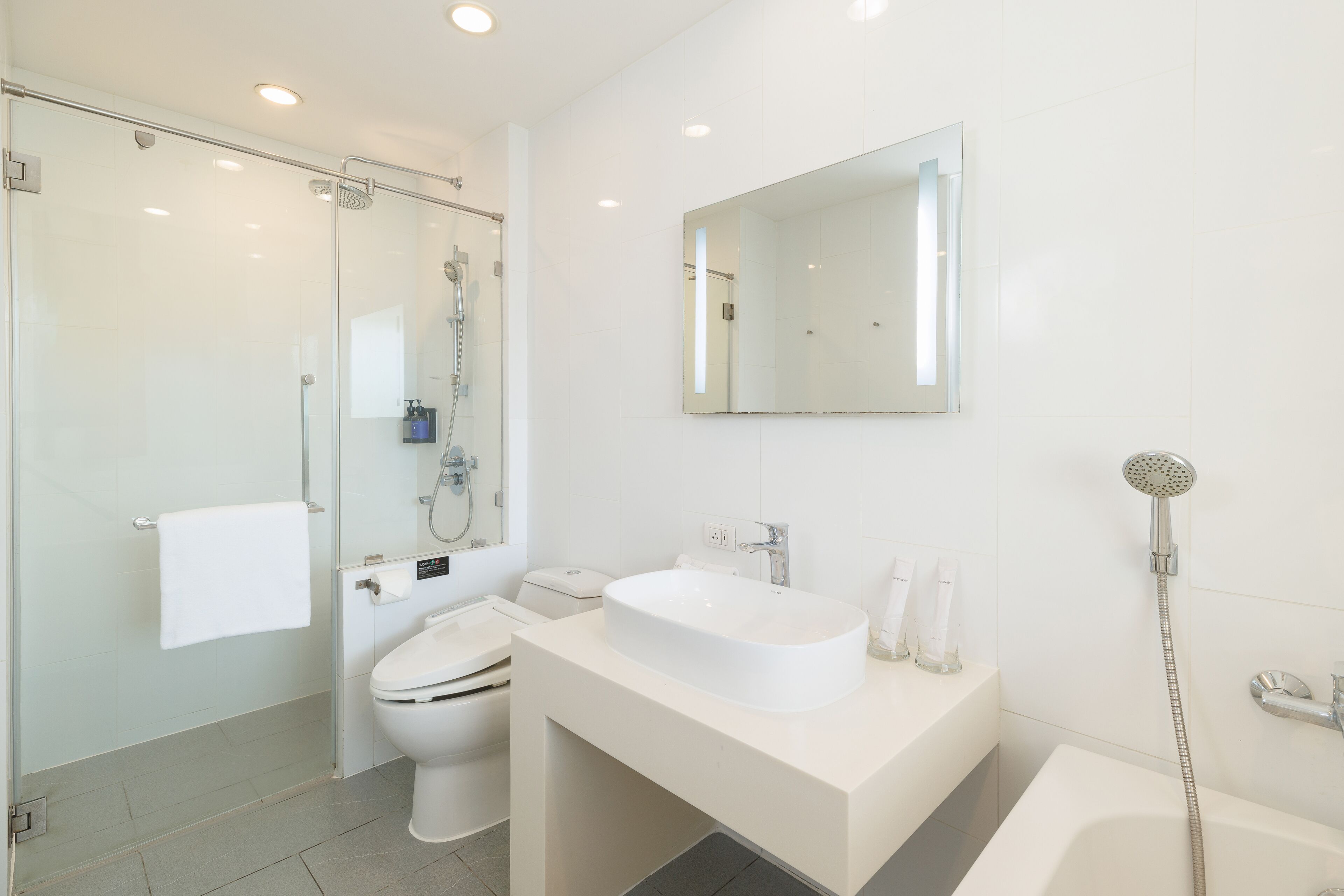 A modern bathroom with a glass shower enclosure, a toilet, a sink with a mirror, and a bathtub.