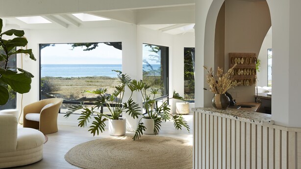 A modern interior with large windows, a round woven rug, and potted plants. - White Water (Cambria)