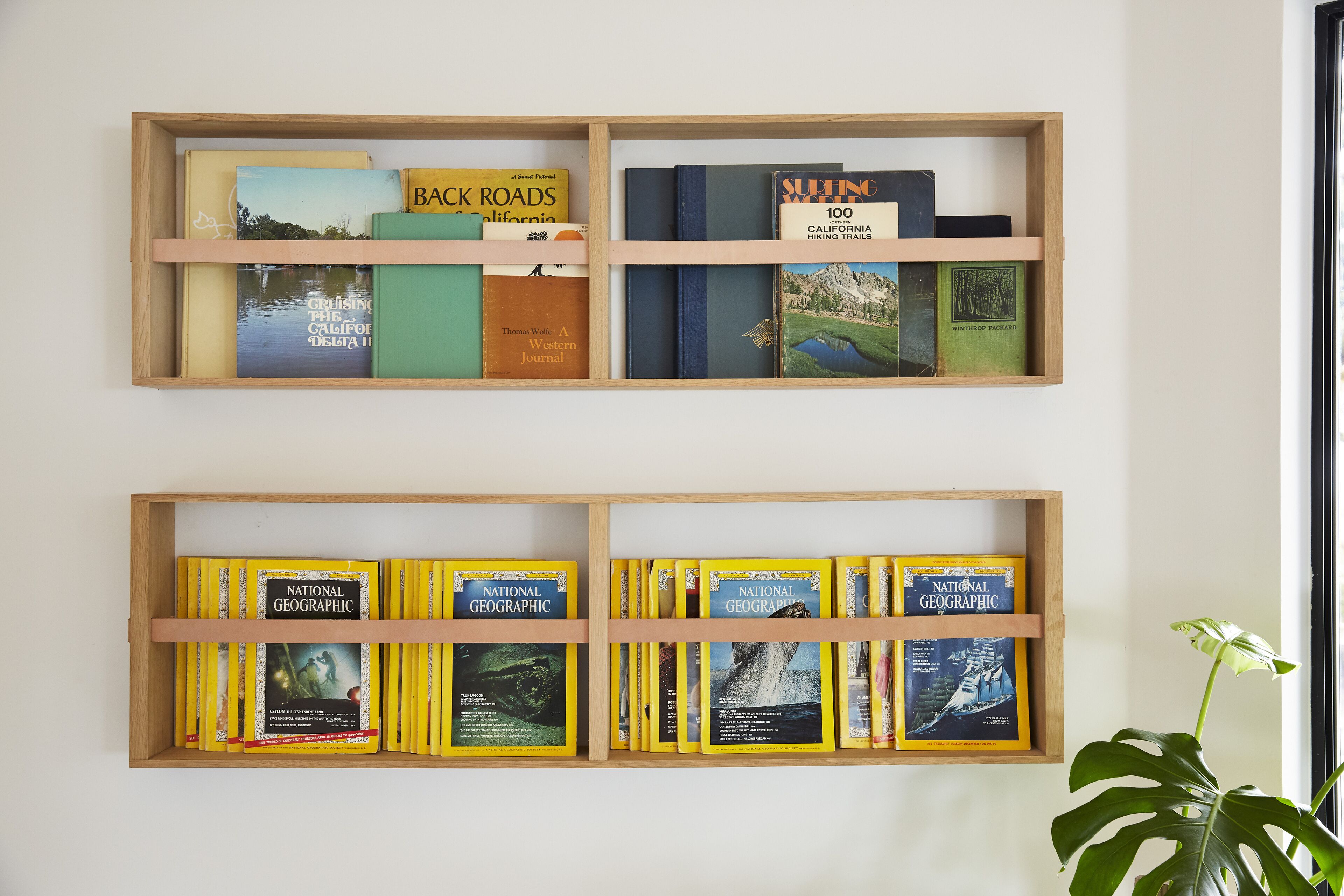 Twee houten boekenplanken vol boeken en tijdschriften.