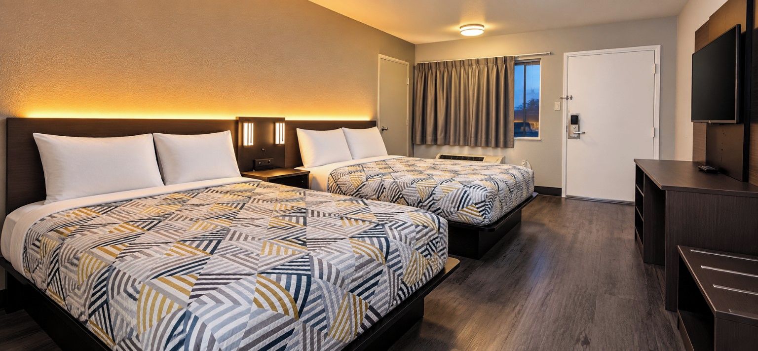 A hotel room with two beds, a desk, a television, and a window with curtains.