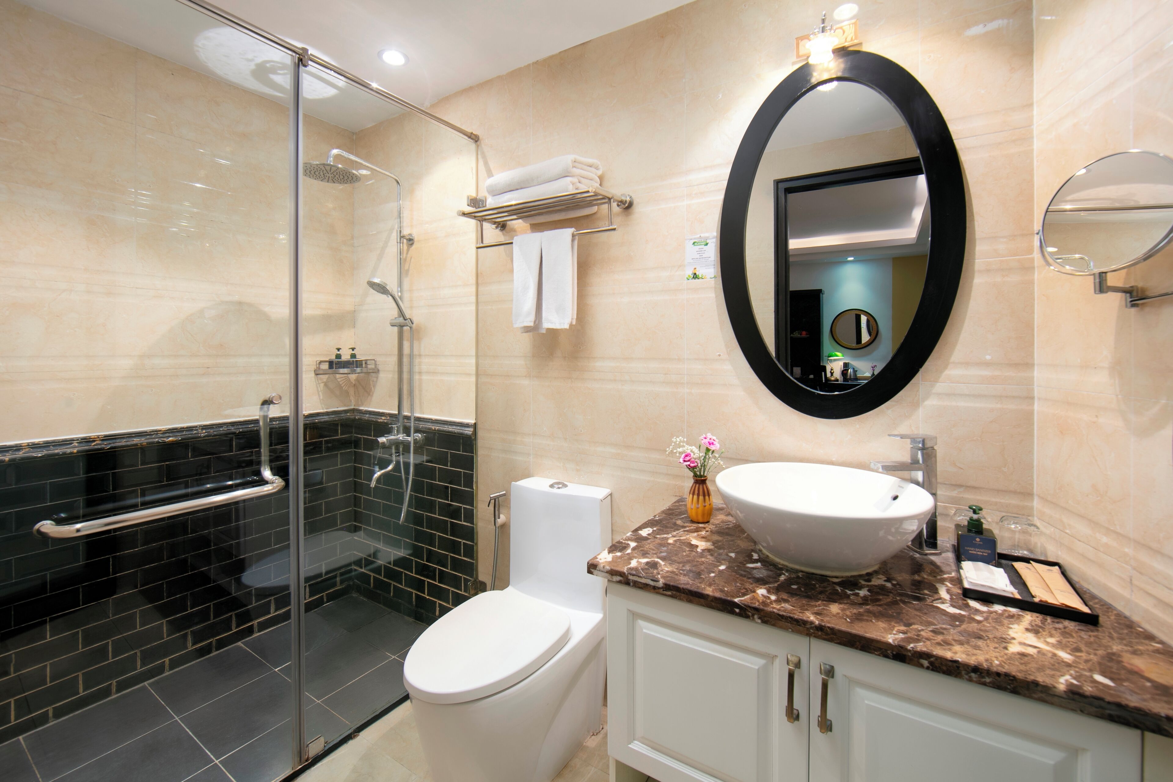 rainfall showerhead, free toiletries, hair dryer, slippers