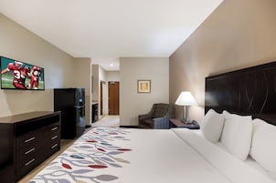 Una habitación de hotel con cama, televisión, escritorio con lámpara, silla y refrigerador.