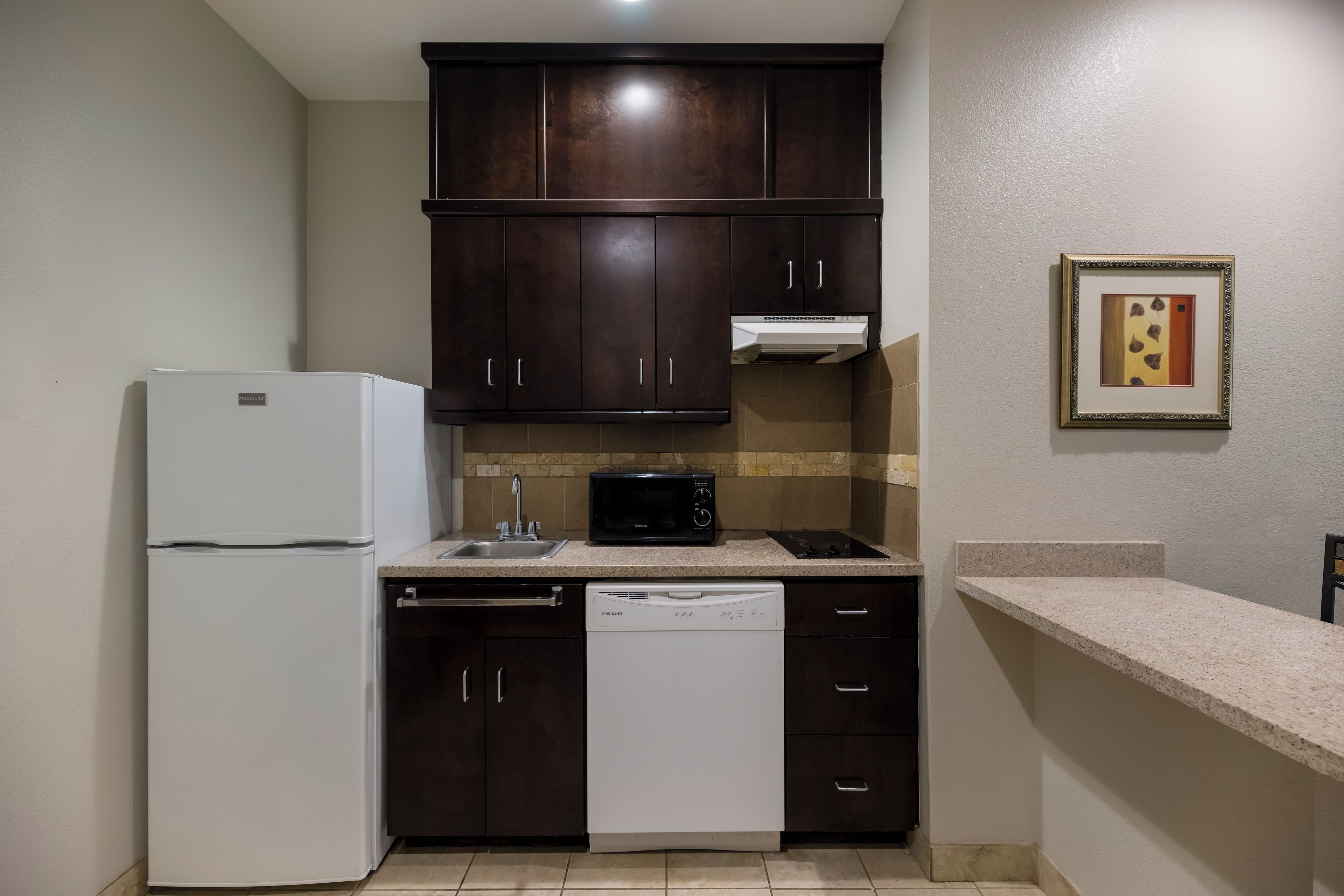 A compact kitchen with dark wooden cabinets, a white refrigerator, a dishwasher, a microwave, and a small countertop.