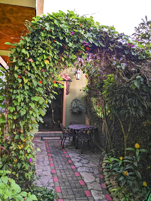 A garden patio with a table and chairs, surrounded by lush greenery and flowering plants. - Casas del Toro Monteverde (Monteverde)