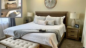 A bedroom with a large bed, two bedside tables with lamps, a decorative wall piece, and a television on a dresser. - 2 UNITS, Ground Floor, Branson's Pointe Royale, INDOOR POOL, Golf, Sleeps 12 (Branson)