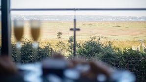 A view from a window overlooking a rural landscape with fields and a distant town. - Caswell Bay Hide Out - Cabin - Landimore (Swansea)