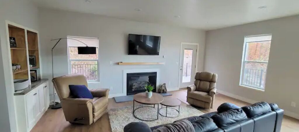 智能电视、壁炉、书、音乐库