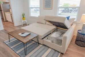 Cozy living space with a sofa, coffee table, and area rug, featuring a potted plant and artwork on the wall.