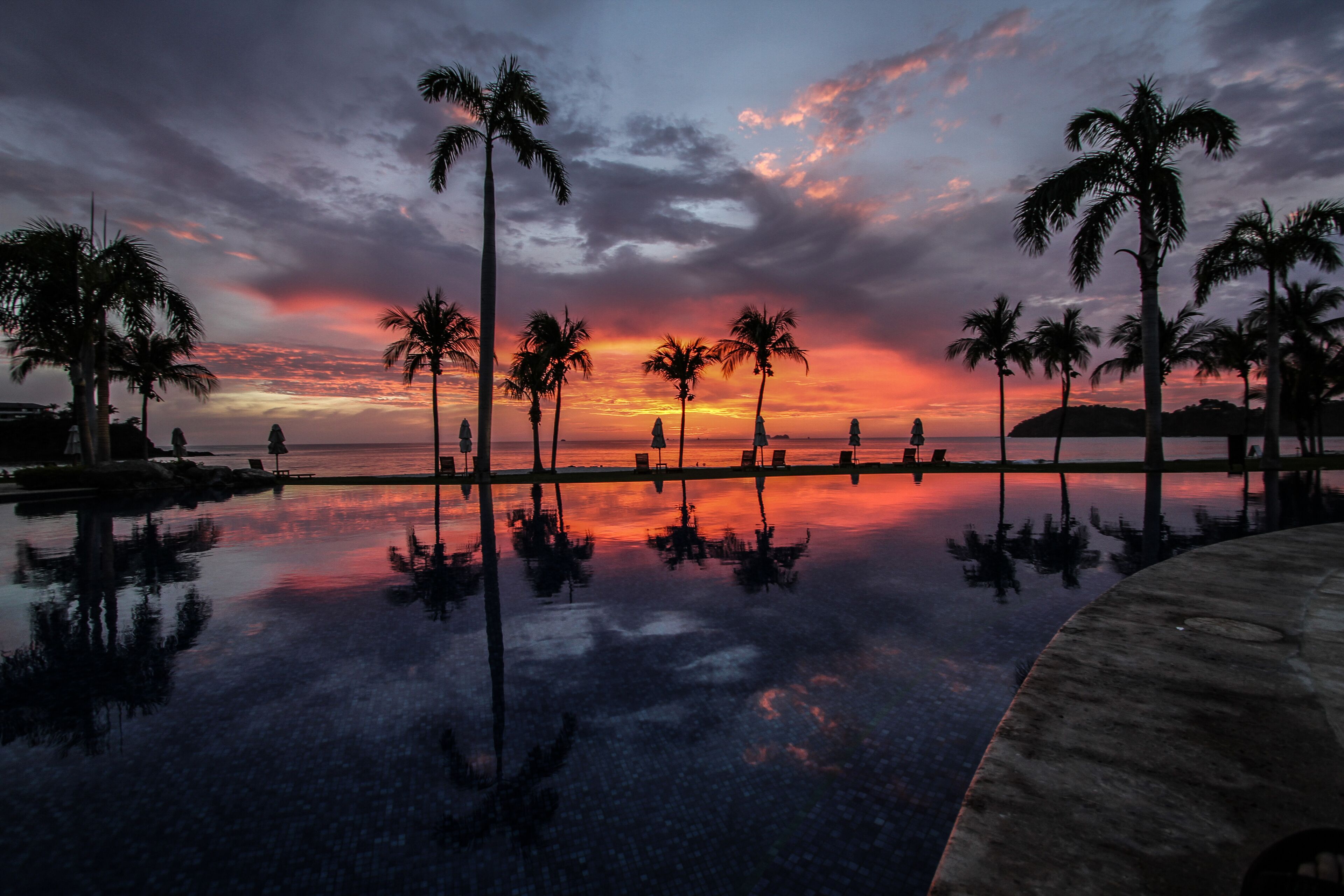 A sunset view over a reflective pool with palm trees and a distant island.