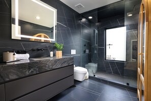Shower, rainfall showerhead, hair dryer, towels - Central Tucson Luxury - Minutes from U of A - Saltwater Pool - Sleeps 10 (Tucson)