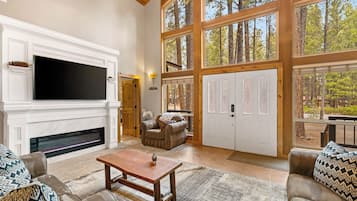 Smart TV, fireplace, DVD player, books