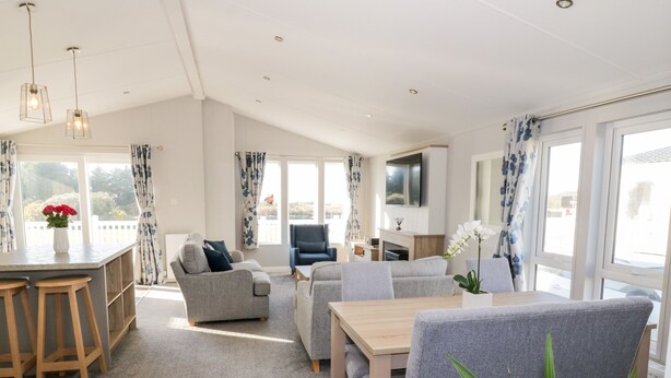 A spacious living area with a kitchen, dining table, and comfortable seating. - Dershel Lodge (Dumfries)