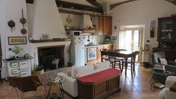 Smart TV, caminetto, libri, impianto stereo