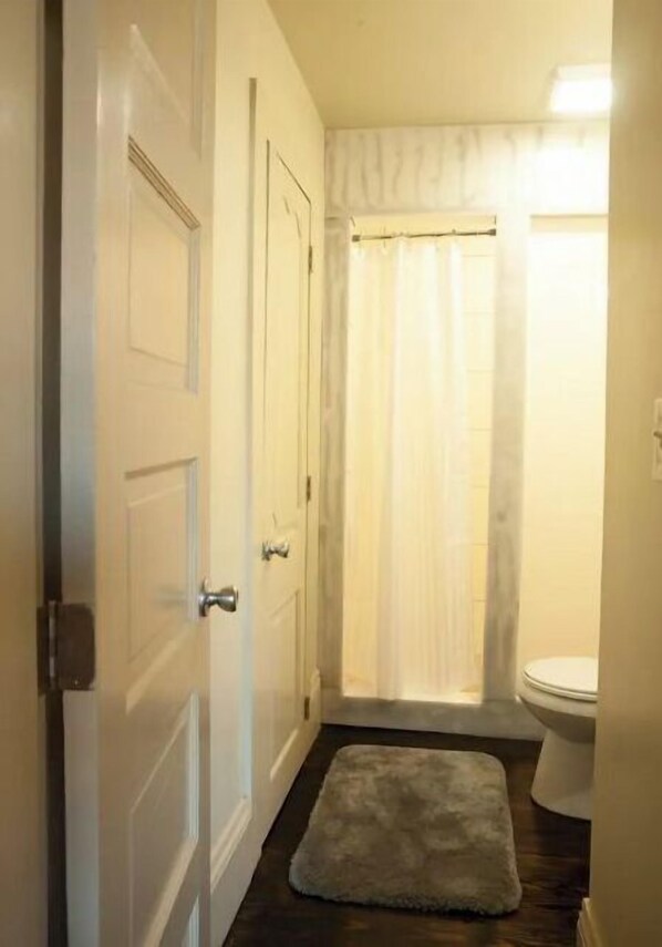 A bathroom with a toilet, a shower curtain, and a rug on the floor.