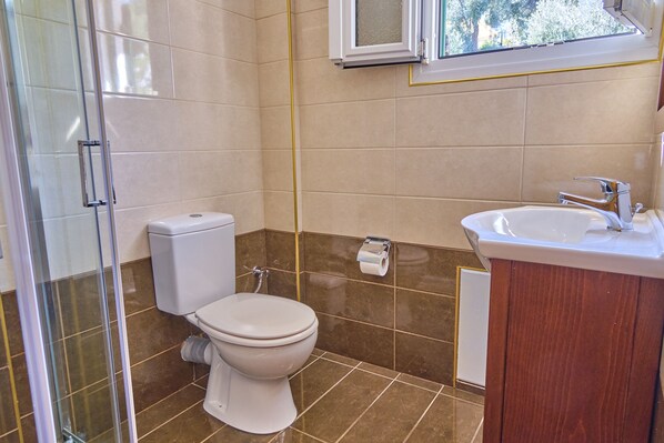 Un baño con inodoro, lavabo y cabina de ducha de vidrio.