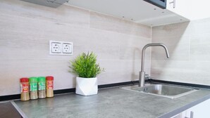 A kitchen with a modern design, featuring a stainless steel sink, a potted plant, and spice containers on the countertop. - 2 bedroom apartment with large terrace (Málaga)