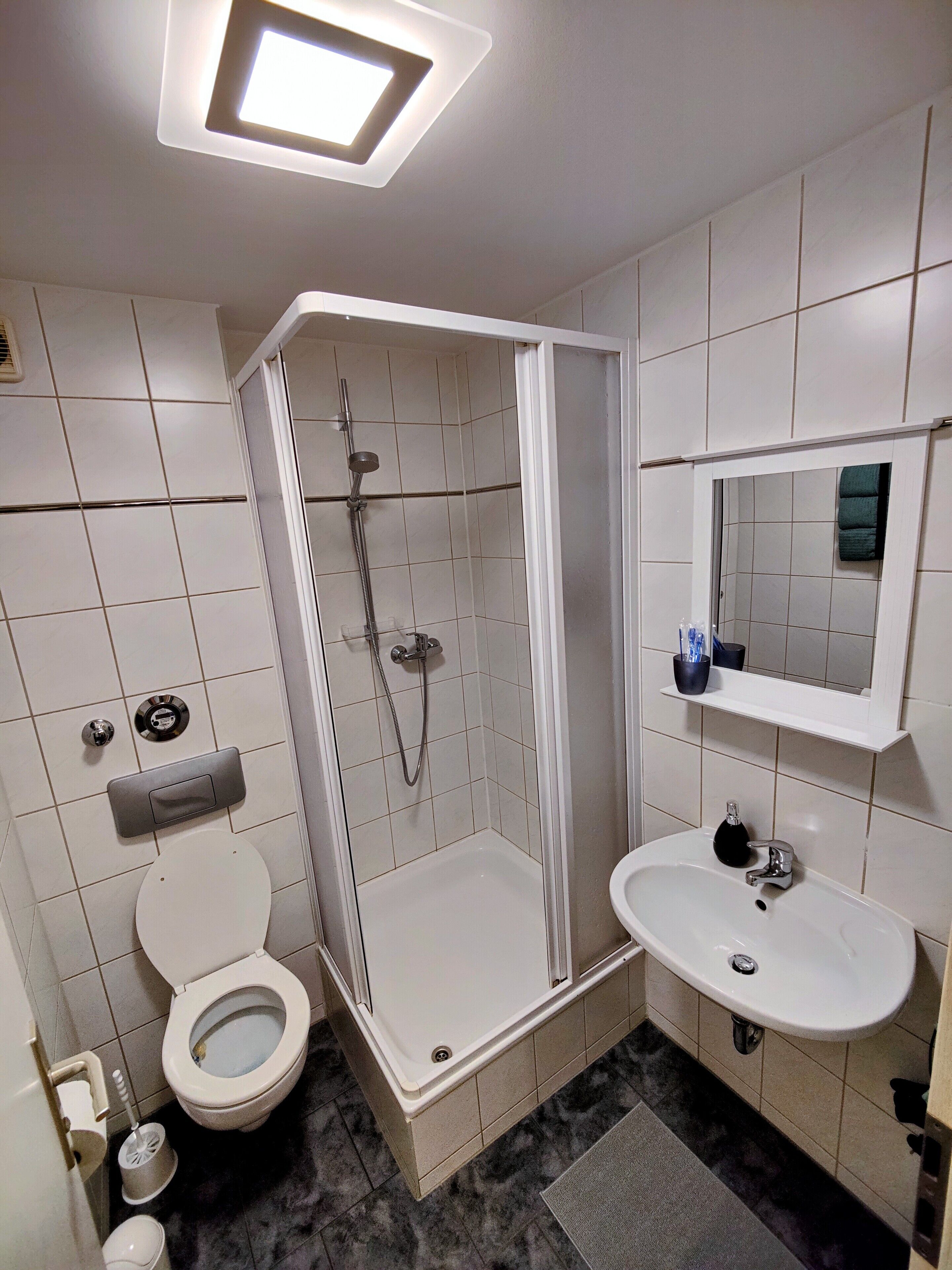 Dusche, kostenlose Toilettenartikel, Haartrockner, Handtücher