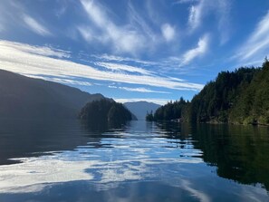 A calm lake with a forested island and mountains in the background.
