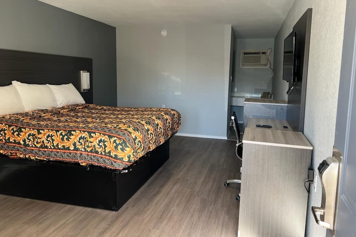 Une chambre d’hôtel avec un grand lit, un bureau, un miroir et une télévision.