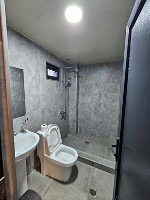 Ein Badezimmer mit Toilette, Waschbecken und Dusche.