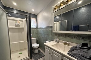 Ducha, secador de pelo, toallas, jabón