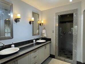 Bathtub, jetted tub, towels, soap