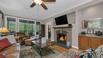 Smart TV, fireplace, books