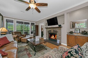 Smart TV, chimenea y libros 