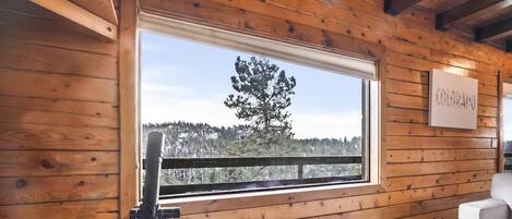 A wooden cabin interior with a large window, a ski lift, and a sign reading "COLORADO".