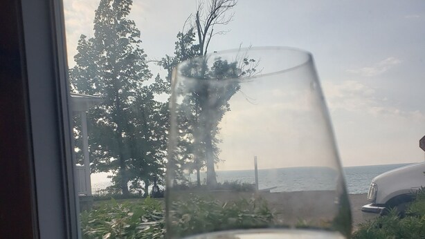 Un verre de vin blanc posé sur un rebord de fenêtre, avec vue sur des arbres et une étendue d’eau.