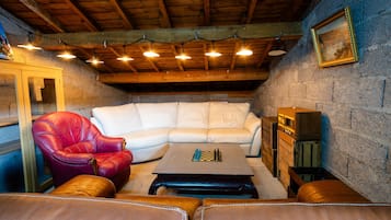 Smart TV, fireplace, video game console, books