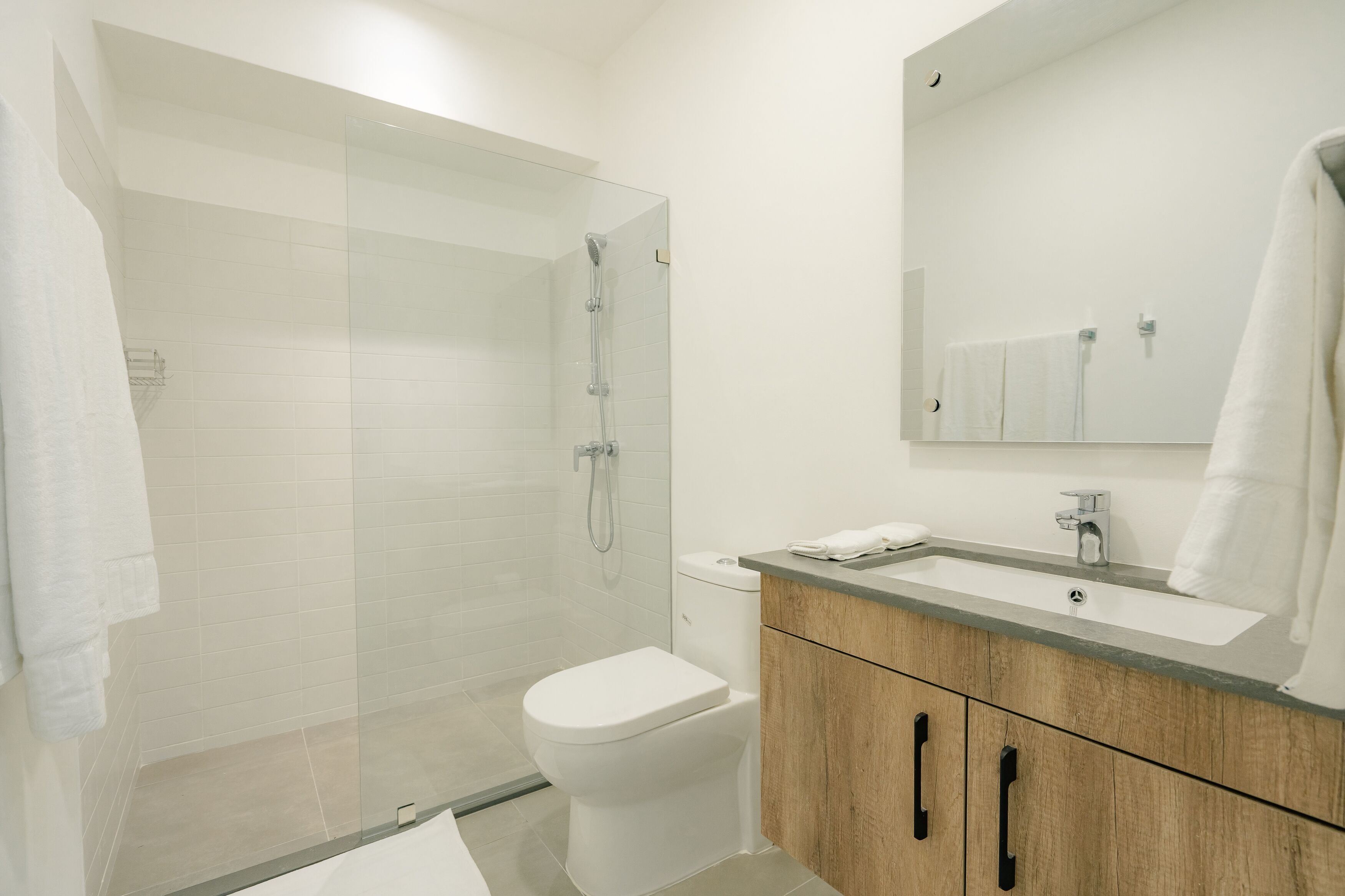 A modern bathroom with a glass-enclosed shower, a white toilet, a wooden vanity with a sink, and a mirror above the vanity.