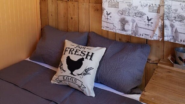 Una habitación acogedora con techo de madera, lámpara colgante, un cuadro con un gallo y cortina estampada.