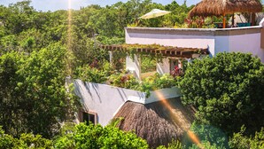 Un complexe hôtelier doté d’une structure à toit de chaume, d’une végétation luxuriante et d’un espace piscine.