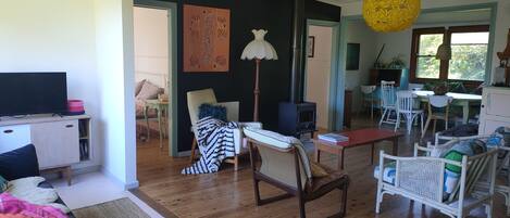 Smart TV, fireplace, DVD player, books