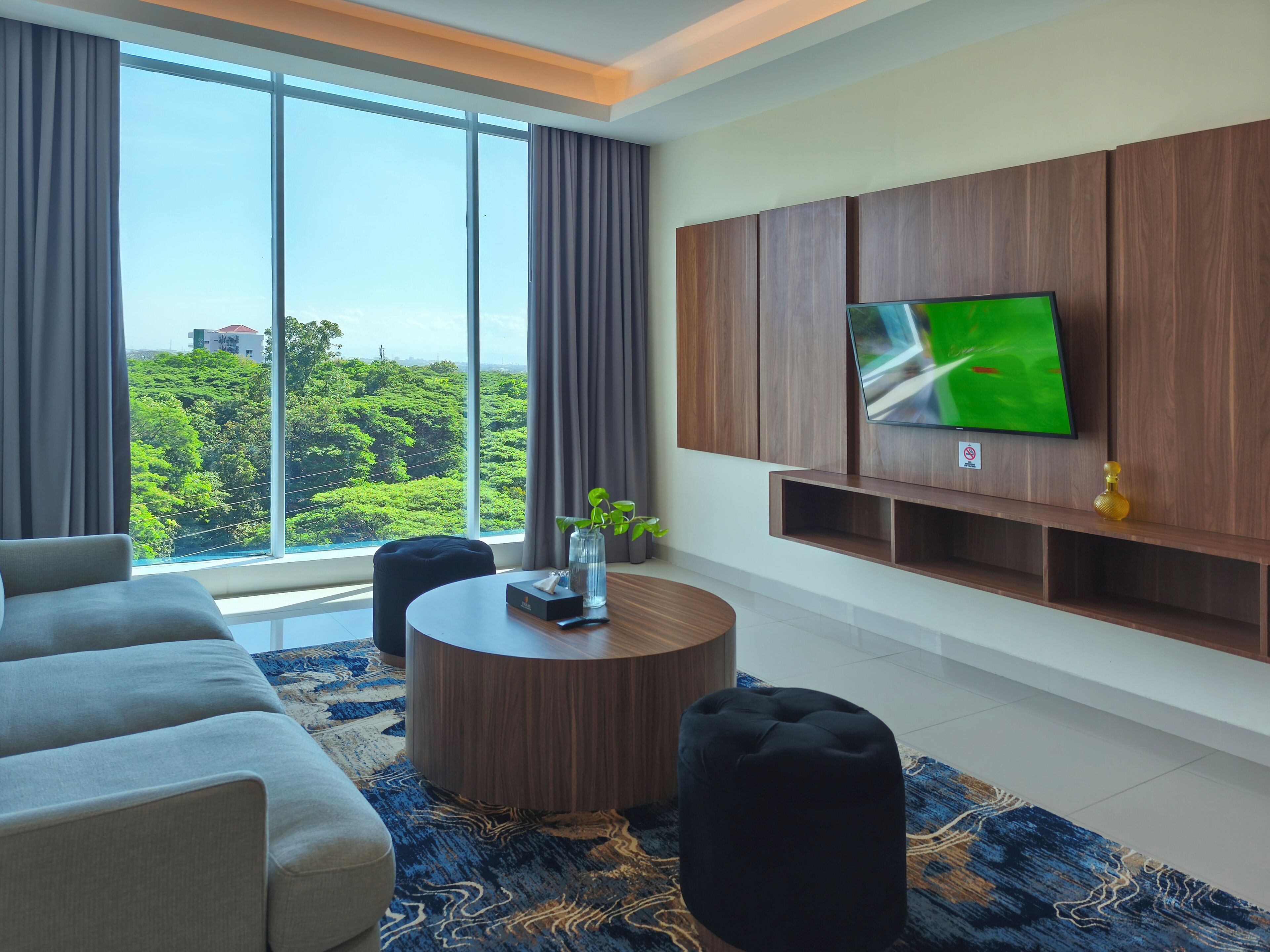 A modern living room with a large window, a flat-screen TV, a round coffee table, and a sofa.