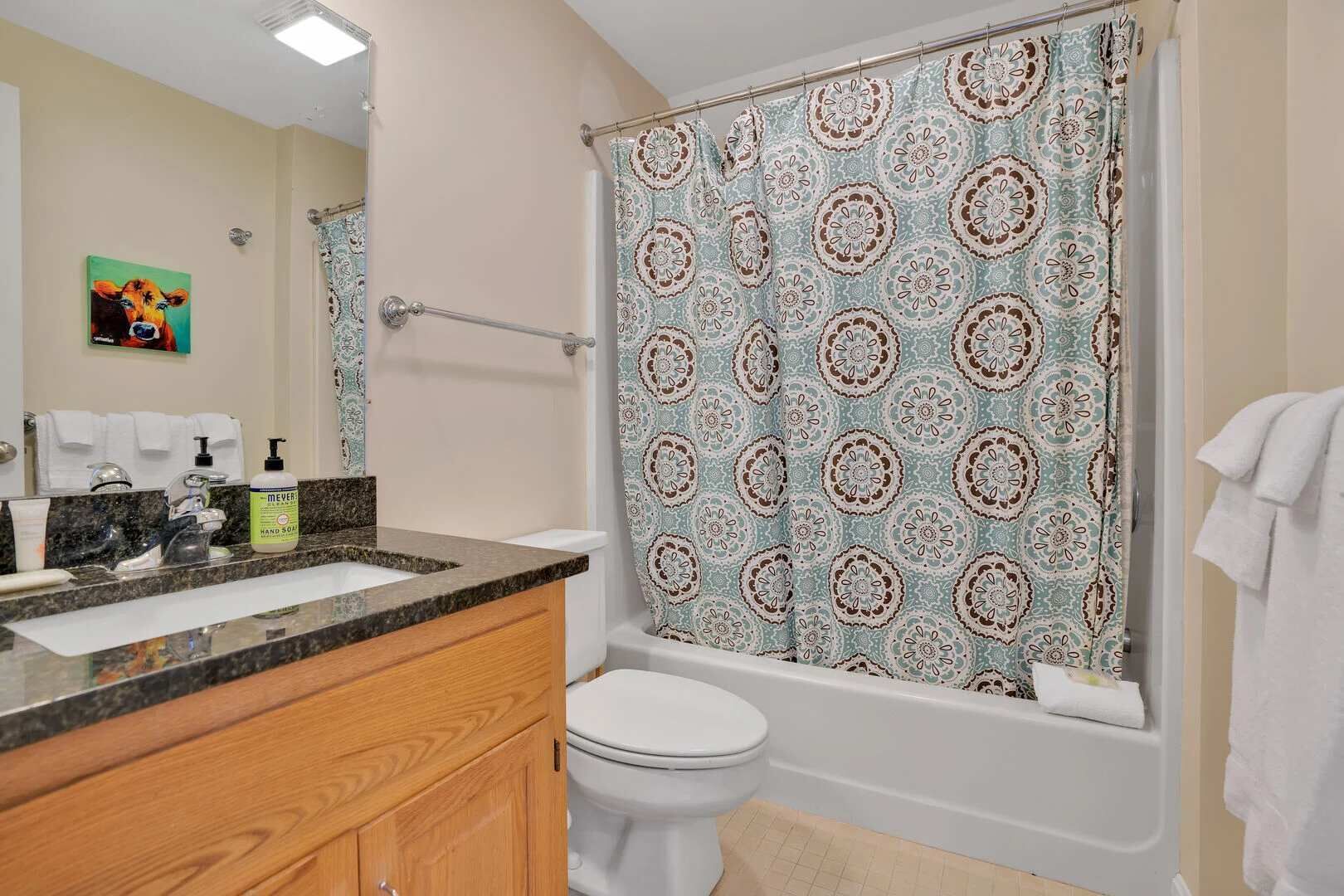 A bathroom with a sink, mirror, toilet, and shower curtain.