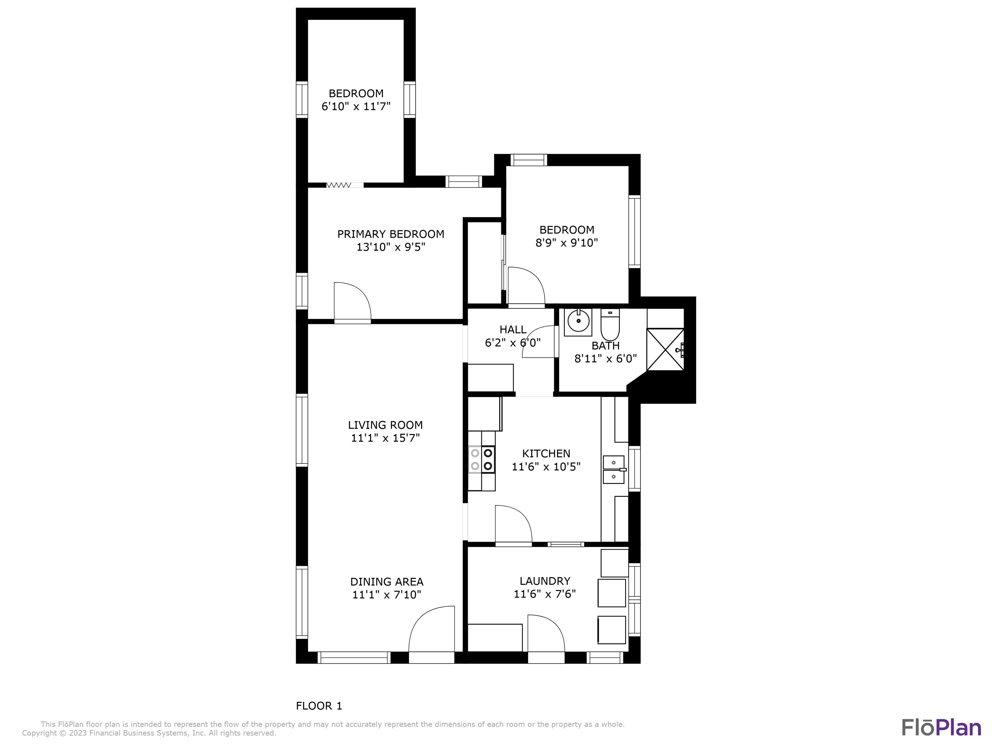 A floor plan of a property with a bedroom measuring 6'10" x 11'7", a primary bedroom measuring 13'10" x 9'5", a living room measuring 11'1" x 15'7", a dining area measuring 11'1" x 7'10", a kitchen measuring 11'6" x 10'5", a bathroom measuring 8'11" x 6'0", and a laundry area measuring 11'6" x 7'6".