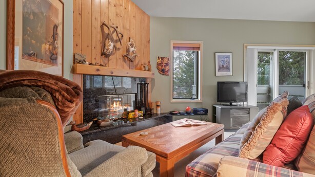 Ein gemütliches Wohnzimmer mit Kamin, einer Couch, einem Couchtisch und einem Fernseher.
