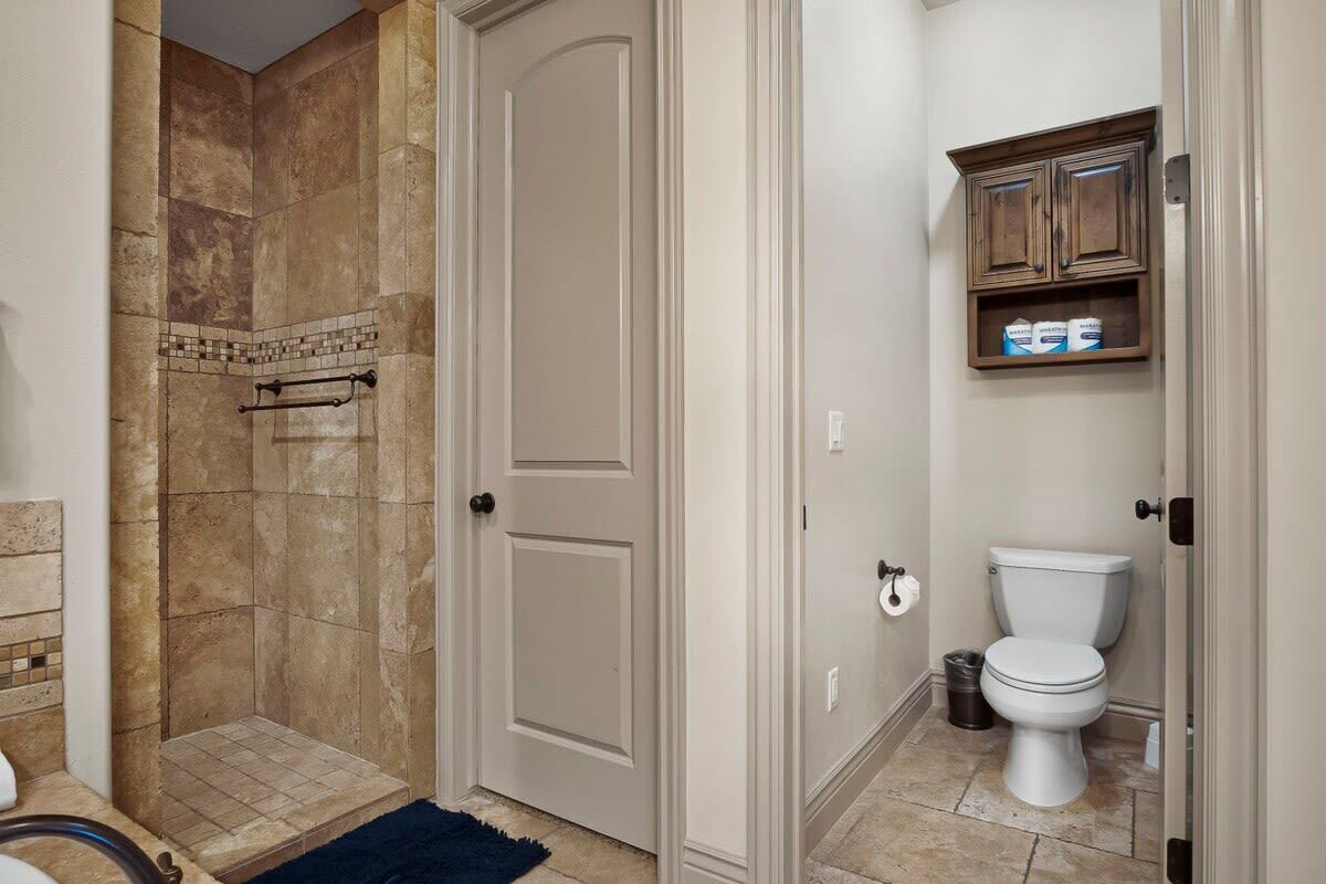 A bathroom with a shower, toilet, and storage cabinet.