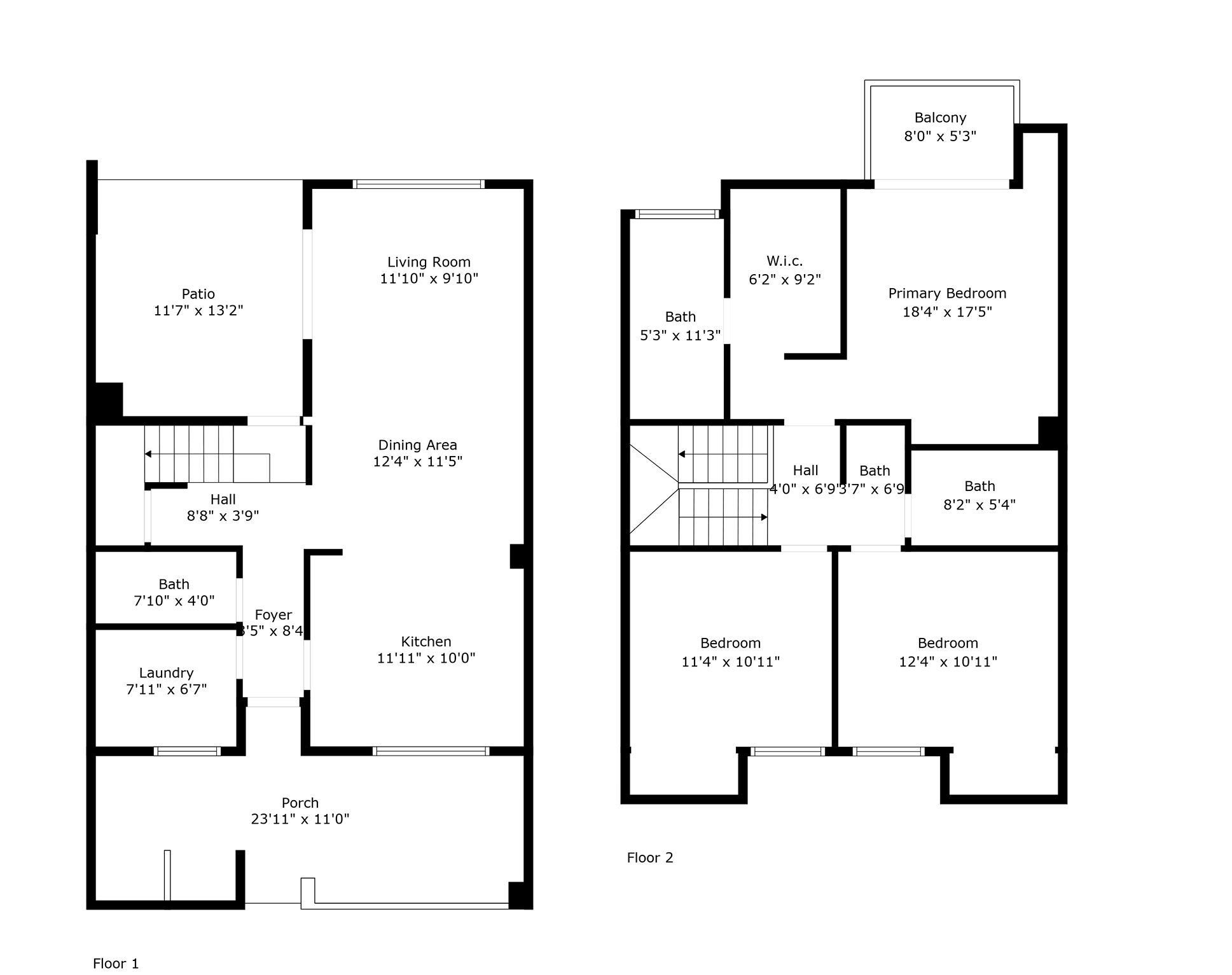Een plattegrond van een huis met een terras, woonkamer, eetgedeelte, keuken, twee slaapkamers, twee badkamers, een entree, een hal en een balkon.
