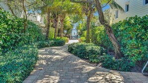 A paved pathway flanked by lush greenery and palm trees, leading to a gated entrance.
