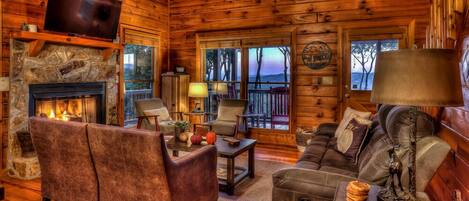 Télévision, cheminée, jeux vidéo, livres